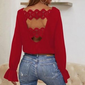 Shein Red Lace Panel Solid Blouse